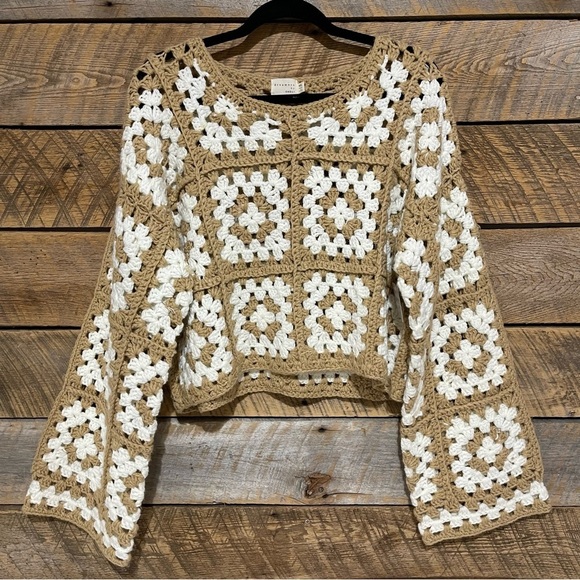Dreamers By Debut Sweaters - Dreamers by Debut Sweater Medium Large Cream Tan Crochet Granny Square Boho